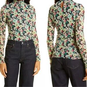 Cinq a Sept Sequin Embellished Shirred Mesh Turtleneck Top Long Sleeve floral